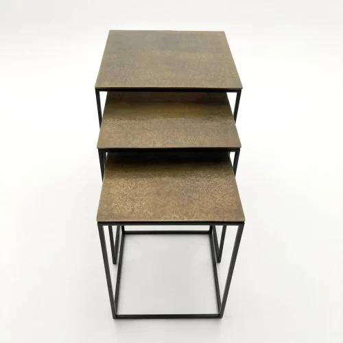 Set 3 Tavolini quadrati da salotto in ferro e alluminio ottonato vintage