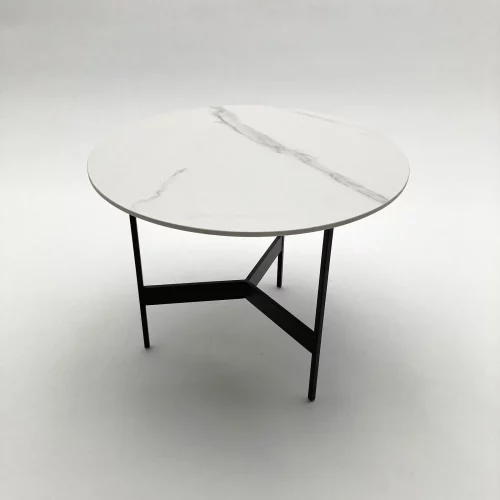 Tavolino rotondo in marmo bianco striato con struttura in ferro